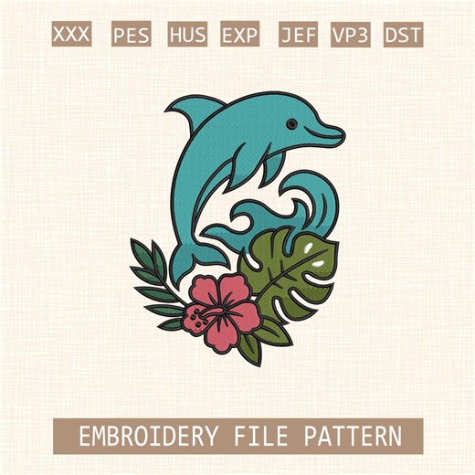 Dolphin Embroidery Design, Tropical Hawaii Flowers Embroidery, Summer Vacation Shirt Embroidery, Summer Family Shirt, Cute Dolphin Design - Etsy