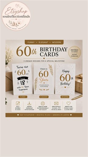 Birthday cards ideas for mom | Editable 60th Birthday Card | Funny & Elegant Canva Templates
