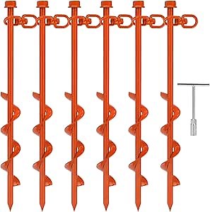 6 Pcs Ground Anchors Screw in, 12 Inch Heavy Duty Trampoline Anchor Kit Carport Anchors with T Handle Wrench Earth Anchor Ground Stakes Tent Stakes Swing Set Anchors High Wind (Orange)