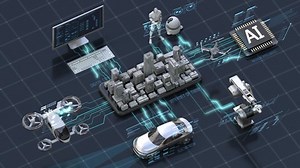Smart Buildings are made from mobile phones, AI robots machine that symbolize advanced technology. Connect futuristic user interface. 4k animation.