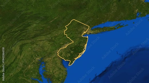 New Jersey high resolution 4k satellite earth map zoom cinematic animation 3d drop shadow highlighting American state borders for US travel tourism geography and geopolitical national news broadcast