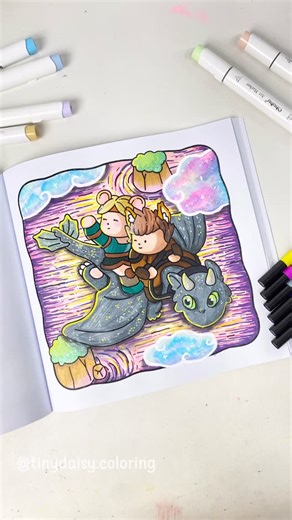 Tiny Daisy | Coloring Book on Instagram: "Off we go… straight into the sky ✨🐉 Two tiny adventurers, one sparkly dragon, and a sunset that looks like it was made of dreams.💫 If you could fly anywhere right now… where would you go? 💜 Page from: Sweet Moments Coloring Book - link in our bio or comment sweet and we’ll send it to your DM. ✨ Note: This is the clean version without story & title text, so you can enjoy the full illustration. The Amazon version will include a cute title text and a lit