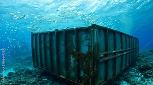 A several rusty sea containers on the ocean floor. Explore the forgotten cargo holds of rusting containers, revealing the ocean's hidden treasures.