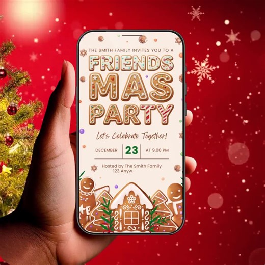 Friendsmas Party Invitation, Animated Gingerbread Invitation, Christmas Party Invite, Digital Holiday Card for Phone,template Editable Canva - Etsy