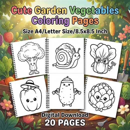 Kawaii Garden Vegetable Coloring Pages for Kids (printable PDF) - Etsy