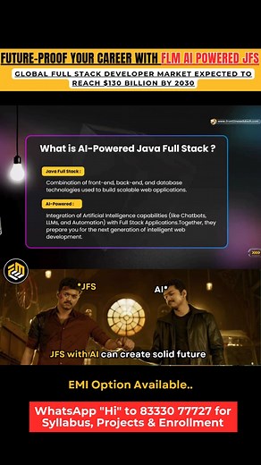 Frontlines EduTech on Instagram: "For more course & project details Whatsapp 'Hi' to 8333077727.. 𝐖𝐚𝐧𝐭 𝐭𝐨 𝐁𝐮𝐢𝐥𝐝 𝐭𝐡𝐞 𝐅𝐮𝐭𝐮𝐫𝐞 𝐨𝐟 𝐀𝐈 𝐚𝐧𝐝 𝐂𝐨𝐝𝐢𝐧𝐠? 𝐉𝐚𝐯𝐚 𝐅𝐮𝐥𝐥 𝐒𝐭𝐚𝐜𝐤 𝐢𝐬 𝐘𝐨𝐮𝐫 𝐒𝐮𝐩𝐞𝐫𝐩𝐨𝐰𝐞𝐫. The Java Full Stack market is projected to 𝐠𝐫𝐨𝐰 𝐛𝐲 𝟐𝟑% 𝐂𝐀𝐆𝐑 𝐭𝐢𝐥𝐥 𝟐𝟎𝟑𝟎, with over 𝟐.𝟓𝐌+ 𝐣𝐨𝐛 𝐨𝐩𝐞𝐧𝐢𝐧𝐠𝐬 𝐠𝐥𝐨𝐛𝐚𝐥𝐥𝐲. 𝐅𝐋𝐌 𝐀𝐈-𝐏𝐨𝐰𝐞𝐫𝐞𝐝 𝐉𝐚𝐯𝐚 𝐅𝐮𝐥𝐥 𝐒𝐭𝐚𝐜𝐤 𝐂𝐨𝐮𝐫𝐬𝐞 𝐇𝐢𝐠𝐡𝐥𝐢𝐠𝐡𝐭𝐬: ✅ Course Start Dat