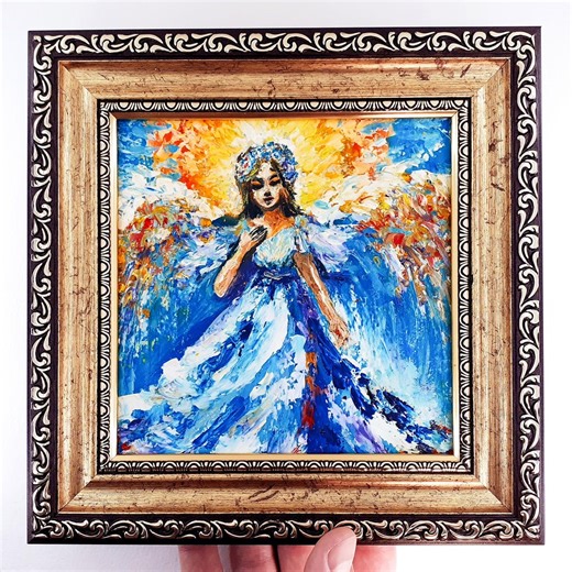 Angel Oil Painting: Religious Impasto Artwork, Framed Wall Decor 6x6" - Etsy