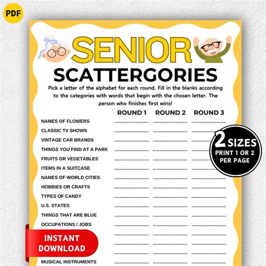 Printable Scattergories Game, Fun Games for Senior Citizens, Senior Birthday Games, Category Challenge, Think Fast Game, Seniors Memory Game - Etsy