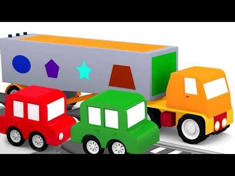 O caminhão com formas coloridas. Desenhos animados dos 4 carros coloridos