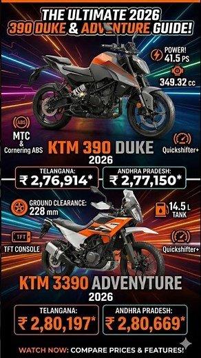 2026 KTM 390 Duke & Adventure Updated With New 350CC Engines | Features, Specs & AP/TG Prices!