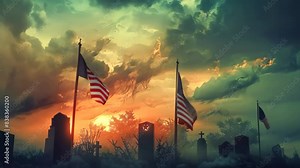 Two American flags billowing in the wind against a cloudy sky, A somber scene of flags blowing in the wind at a cemetery