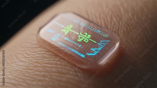 Transparent bioelectronic patch on skin displaying real-time health data. Futuristic wearable medical sensor for healthcare monitoring and smart digital biology.