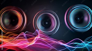 Three speakers emit colorful sound waves, creating a visual representation of energetic music in a dark environment