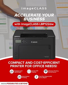 Accelerate your Business with the #imageCLASS #LBP122DW! This compact and lighweight printer is perfect for small offices or startup businesses that need efficient and productive printing partner. ✅COMPACT AND LIGHWEIGHT ✅5-LINE LCD DISPLAY ✅WIRELESS PRINTING CONVENIENCE ✅AUTO DUPLEX PRINTING ✅FAST PRINT SPEED (A4): UP TO 29PPM 💡Learn more: https://ph.canon/en/consumer/imageclass-lbp122dw/product 🛒Visit the Canon Authorized Stores near you! #TeamCanonPH | Canon Philippines