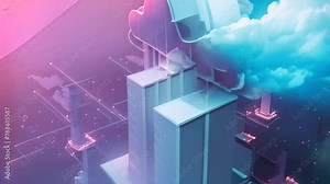 A towering skyscraper with a dense cloud floating directly above it, Illustrate data migration from NAS storage to cloud storage