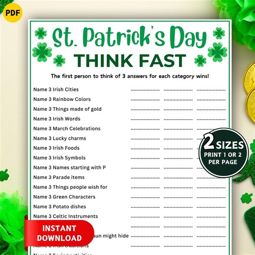 St. Patrick's Day Think Fast Game! Printable St Patricks Day Games, Think Quick Trivia Game, St Paddy's Day Activity Kids Adults, Icebreaker - Etsy