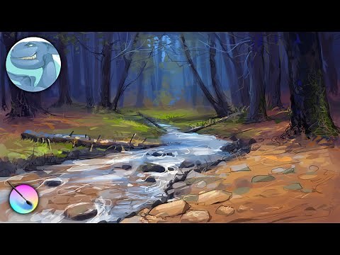 Forest landscape with a small river - Digital painting in Krita