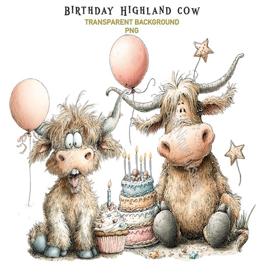 Birthday Highland Cow PNG Clipart: 15 Whimsical Farm Graphics, Transparent Background, Watercolor, Sublimation, Print - Etsy
