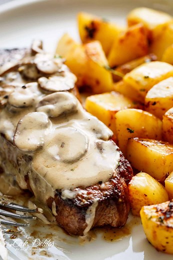 Pan Seared Garlic Butter Steak & Mushroom Cream Sauce