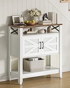 CHOEZON Console Table, Farmhouse Sofa Table with Power Outlet, Coffee Bar Cabinet with Storage, Entryway Table, Coffee Bar Table, for Entrance, Hallway, Kitchen, White and Walnut MXG01UWL