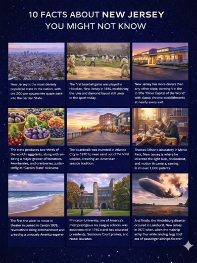 1🌆 10 Facts About New Jersey You Might Not Know 🌆 New Jersey may be small, but it’s packed with history, innovation, and iconic firsts. From the birthplace of modern baseball and the invention of the boardwalk to Thomas Edison’s groundbreaking lab and the rise of classic American diners, the Garden State has shaped everyday life in more ways than you might realize. This video dives into New Jersey’s surprising facts, rich legacy, and moments that left a lasting mark on the world. Sit back, rel