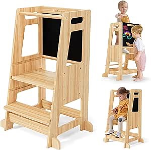 Ixdregan Kitchen Step Stool for Kids - 3 Adjustable Height& 4 Anti-Slip Feets Toddler Kitchen Stool Tower, Natural Wood &Stable Structural with Chalkboard for Counter, Kitchen, Bathroom, Natural