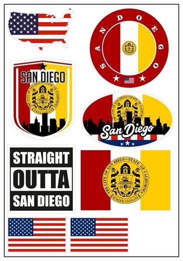 San Diego Sticker Map 8 Pieces - USA Car Motorcycle Biker Flag Sticker Decal Vinyl ST