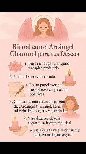 💗 Ritual con el Arcángel Chamuel para manifestar tus deseos 💗✨ El Arcángel Chamuel es conocido como el ángel del amor, la paz y la armonía. Su energía nos ayuda a conectar con el amor propio, sanar el corazón, atraer relaciones positivas y encontrar claridad emocional. Este ritual es una forma simbólica y amorosa de enfocar tus deseos y poner intención en lo que quieres atraer. 🌸🔥 | Luzespiritual.co