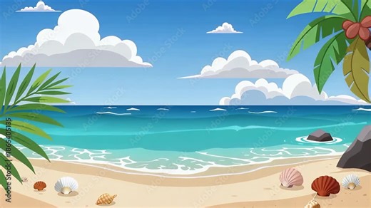 Sunny Cartoon Beach Scene With Ocean Waves And Palm Trees.