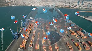 Logistic business or transport concept Aerial view over import export port with many stacks of cargo container rows . High quality 4k footage