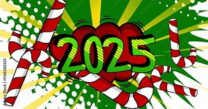 Cartoon Candy cane and number 2025, comic book holiday video. Retro comics pop art design animation.