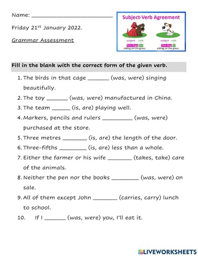 Subject Verb Agreement interactive activity for Grade 3