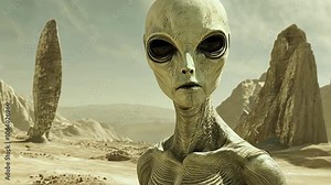 A mysterious alien figure gazes into the distance amidst tall rock formations under a surreal sky in an arid environment