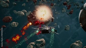 Controlling a battleship in a futuristic sci-fi space exploration computer game. Engaging in a fight against enemy forces in a futuristic space game. Eliminating the target in a futuristic space game.