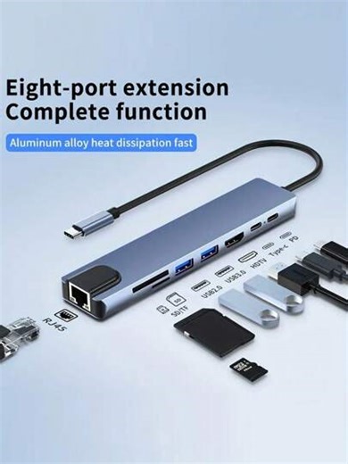 8 In 1 USB C HUB, Type C Adapter With 4K HDTV, 100W PD, USB C Port, USB 3.0, USB 2.0, RJ45 Ethernet, SD/TF Card Reader, Docking Station Compatible With Pro/Air USB C Laptops And Other Type C Devices | SHEIN