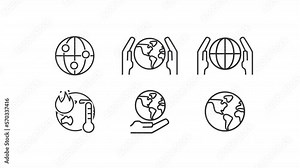 Animated save earth linear icons. Planet conservation. Prevent global warming. Seamless loop HD video with alpha channel on transparent background. Outline motion graphic animation