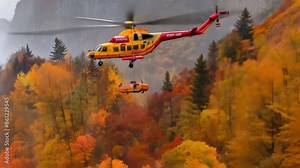 A helicopter flies over a burning forest, participating in extinguishing the fire. Concept: struggle and emergency situations, rescue operations