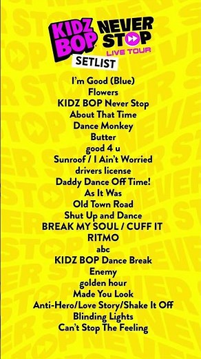 Get concert ready with the official #KIDZBOPNeverStop Live Tour setlist 🎤✨ Link in the description!