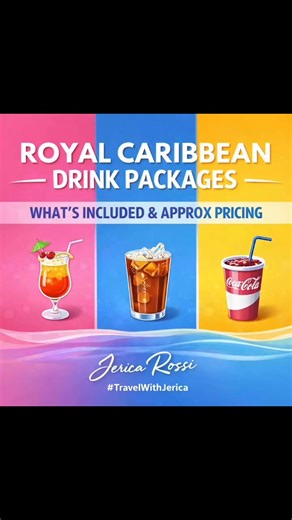 🥤 Royal Caribbean DRINK PACKAGES explained! Trying to decide if the drink package is worth it? Here’s the breakdown: 🍹 Deluxe Beverage Package Best for adults who plan to enjoy multiple alcoholic drinks daily. ☕🍊 Refreshment Package Perfect if you don’t drink alcohol but still want specialty coffee, mocktails, juice & more. 🥤 Soda Package Great for kids, teens, or light soda drinkers. The real question is… Are you a 🍹, ☕, or 🥤 cruiser? | Jerica Rossi - Izzy B - Family Vacation Specialist