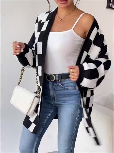 video, Christmas Deals Women's Checkerboard Pattern Drop Shoulder Cardigan, Casual Long Sleeve Op...