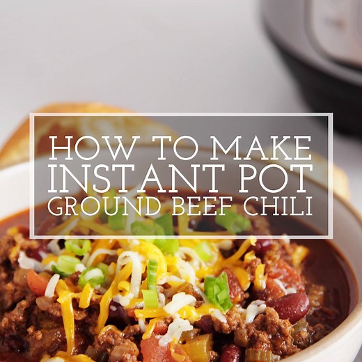 Here's a pressure cooker beef chili recipe that's ready in 30 minutes! It's made with green peppers, onions, celery, ground beef, and tomatoes. Top with shredded cheese and sliced green onions, and serve some cornbread on the side! https://www.simplyrecipes.com/recipes/pressure_cooker_ground_beef_chili/ | Simply Recipes