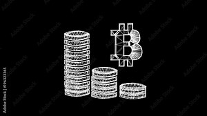 3d wireframe spin and assemble into a 3d bitcoin symbol stack of coins. 4k 3d clean animation on black background