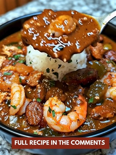 Cajun Shrimp & Sausage Gumbo 🍤🔥 A bold southern comfort classic loaded with flavor and soul! 📝 Ingredients : ½ lb shrimp, peeled & deveined ½ lb andouille sausage, sliced 1 cup cooked chicken breast, chopped ½ cup chopped onion ½ cup chopped celery ½ cup chopped green bell pepper 2 cloves garlic, minced ¼ cup flour ¼ cup vegetable oil 3 cups chicken stock 1 tsp Cajun seasoning ½ tsp smoked paprika Salt & pepper to taste 1 bay leaf 1 tbsp chopped parsley White rice, for serving 🍽️ How to Make