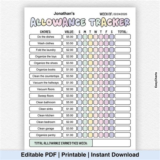Editable Allowance Tracker for Kids, Earn Money, Chore Chart, Allowance Chart, Kids Chore Chart, Allowance and Chore Tracker, PDF - Etsy