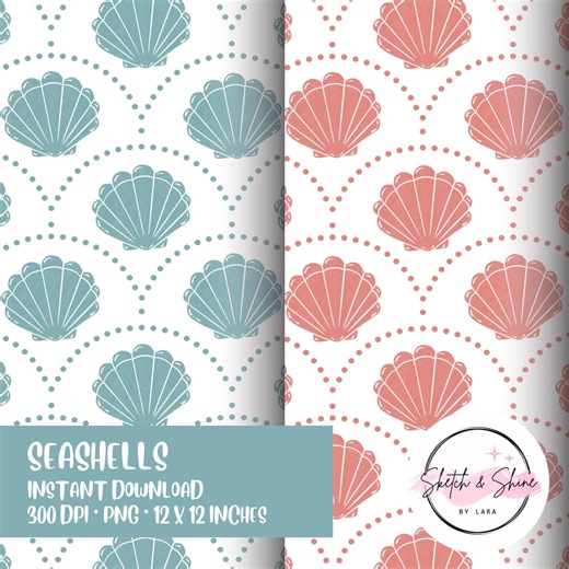 Coastal Seashell Seamless Pattern Scallop Shell Beach Nautical Modern Coastal Fabric Teal Terracotta Digital PNG Sublimation Commercial Use - Etsy