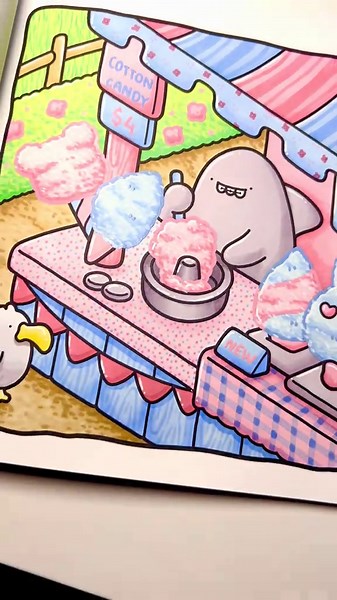 Just finished this fun cotton candy stand page!! 🍭💕 Book: Cozy Days by @cocowyocoloring Markers: @Ohuhuart Gel Pens: Languo #fyp #colourtok #colouring #cocowyo #ohuhumarkers