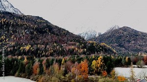 The banner mountain view of alpine as snow-capped mount peaks scene in Winter mountains background