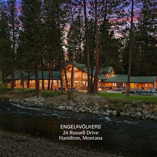Engel & Völkers Western Frontier on Instagram: "Bitterroot Riverfront Retreat🎣 24 Russell Drive, Hamilton, Montana | Offered at $12,300,000 Set on nearly 22 acres with almost 2000 ft of prime Bitterroot River frontage, this unique Hamilton, Montana property features a rare combination of river access and high-end accommodations. At the heart of the property stands a stunning log home lodge, showcasing classic Montana style and craftsmanship throughout. Inside, you’ll find attractive hardwood f