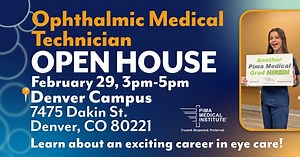 You're invited to our Ophthalmic Medical Technician (OMT) Open House! 👀 👁️ Join us at our Denver campus on February 29 from 3pm-5pm to meet our program director, tour the lab and learn about the exciting eye care career. Classes are enrolling now! RSVP: https://ow.ly/Vxp050QGTFJ #OphthalmicMedicalTechnician #EyeCare #Ophthalmology #PimaMedical #Denver #Colorado | Pima Medical Institute