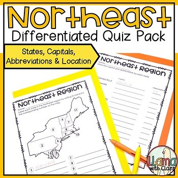 Northeast States and Capitals Quiz Includes Map   Abbreviations - Differentiated